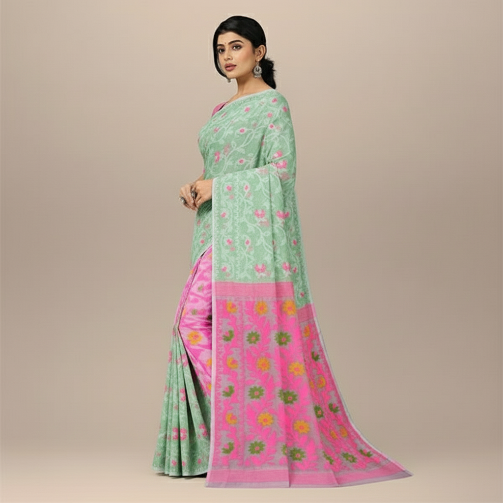Light Green and Pink Floral Cotton Dhakai Jamdani Saree