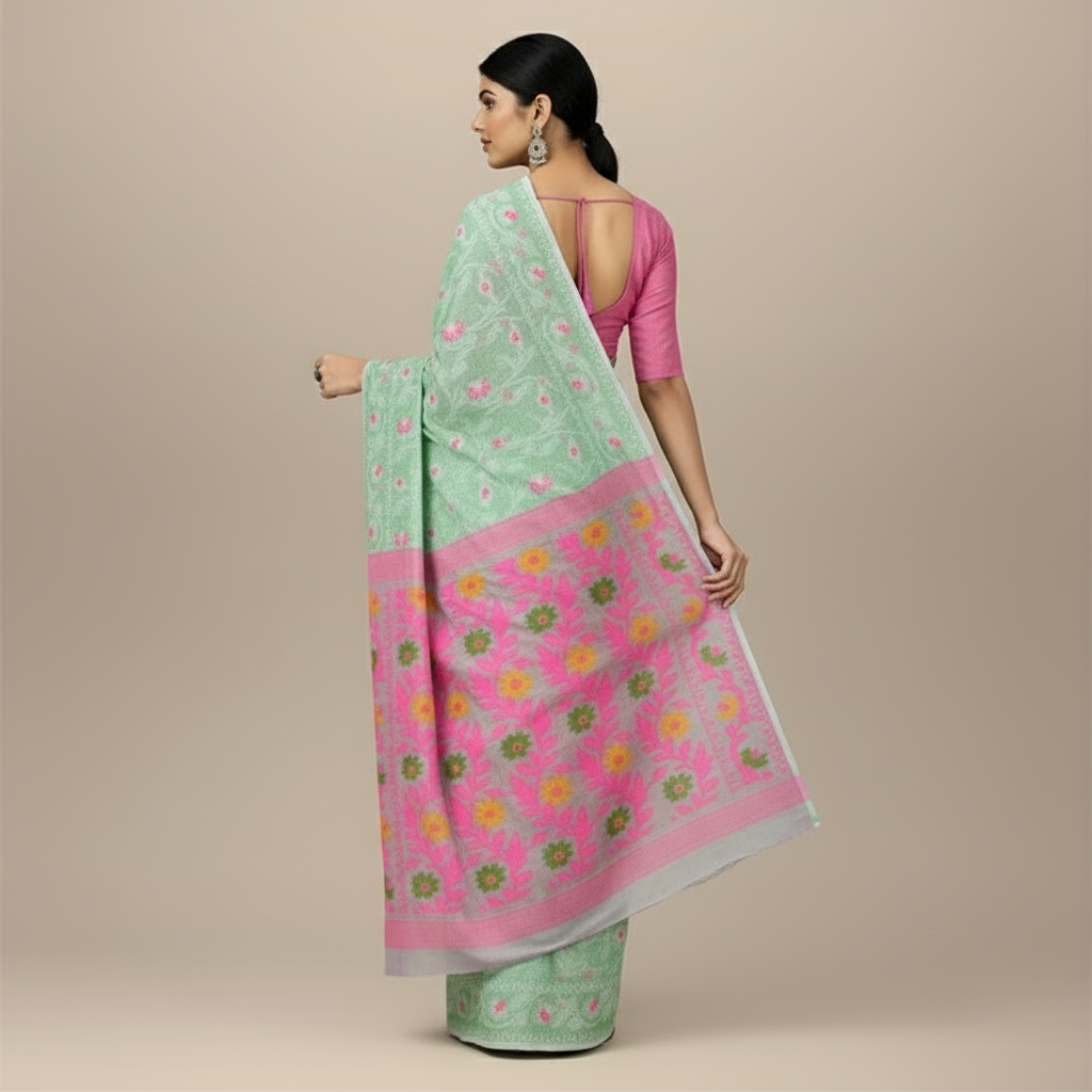 Light Green and Pink Floral Cotton Dhakai Jamdani Saree