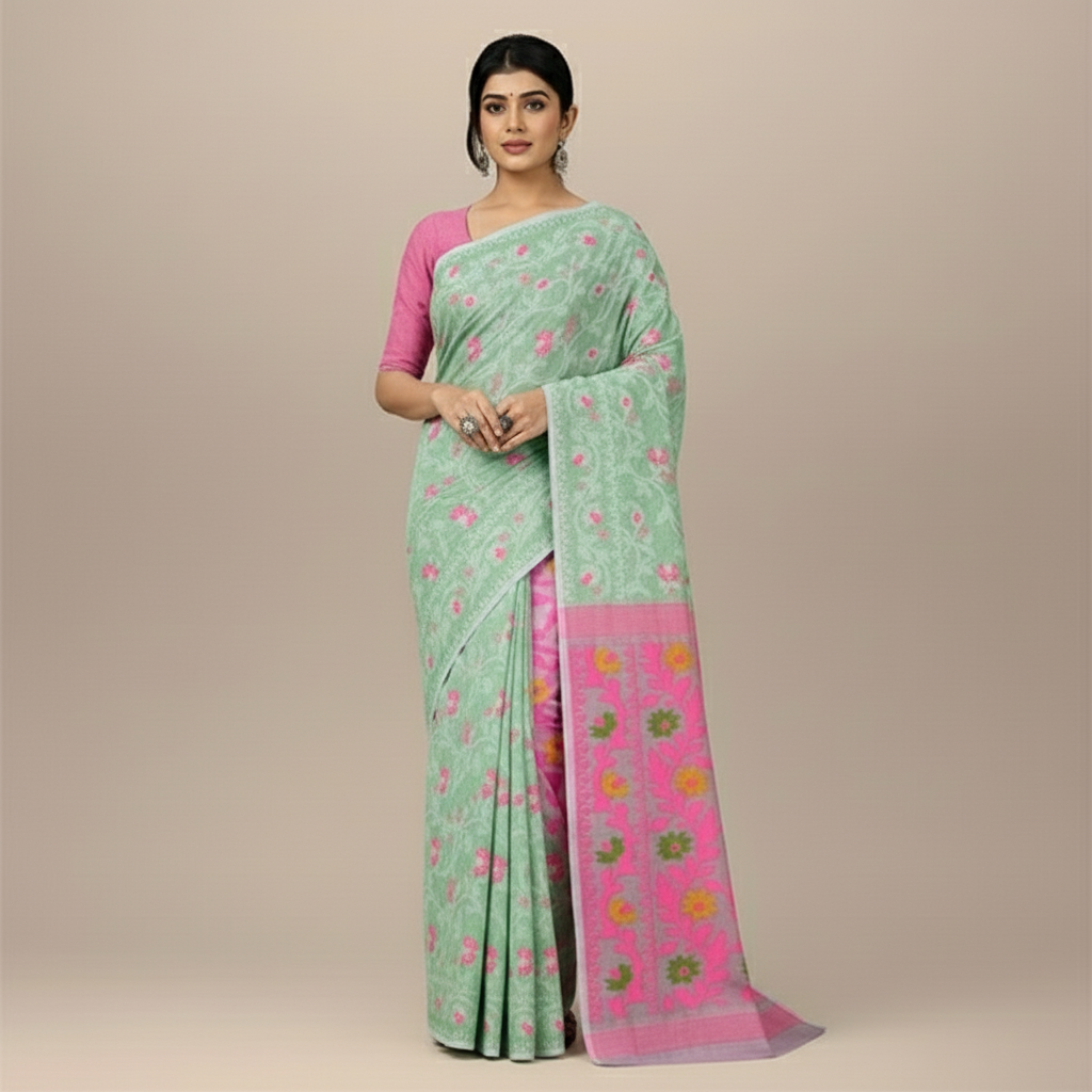 Light Green and Pink Floral Cotton Dhakai Jamdani Saree