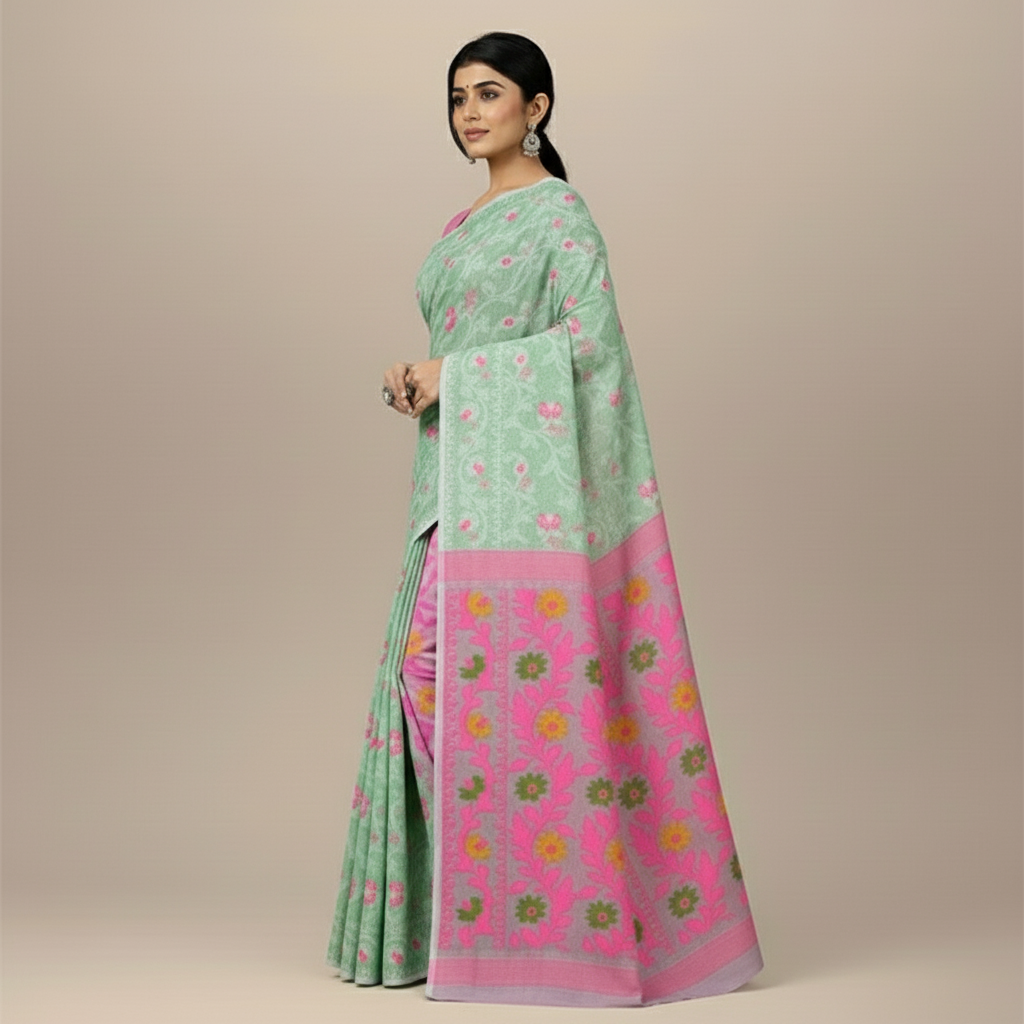 Light Green and Pink Floral Cotton Dhakai Jamdani Saree