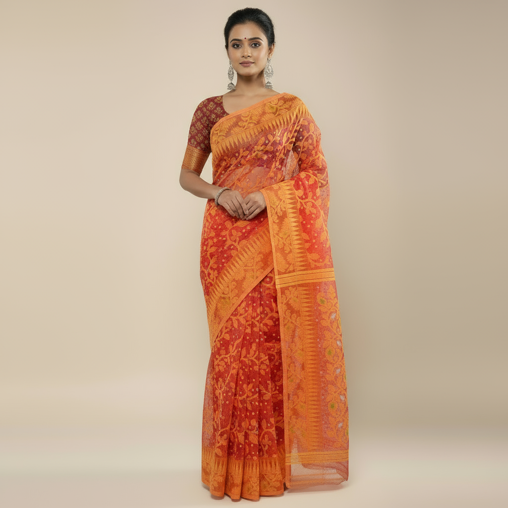 Handloom Cotton Temple Border Jamdani Saree – Ethnic Grace Redefined