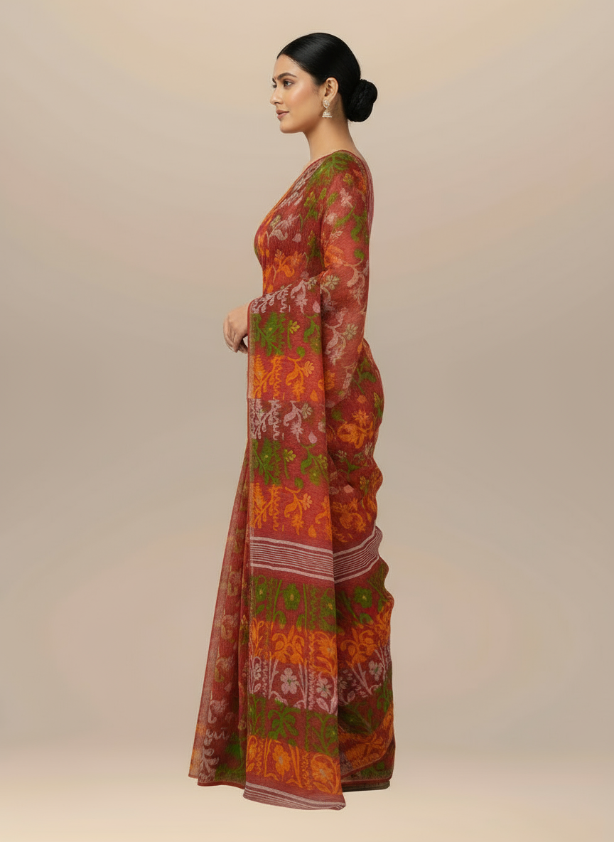 Floral Weave Pure Cotton Handloom Dhakai Jamdani Saree