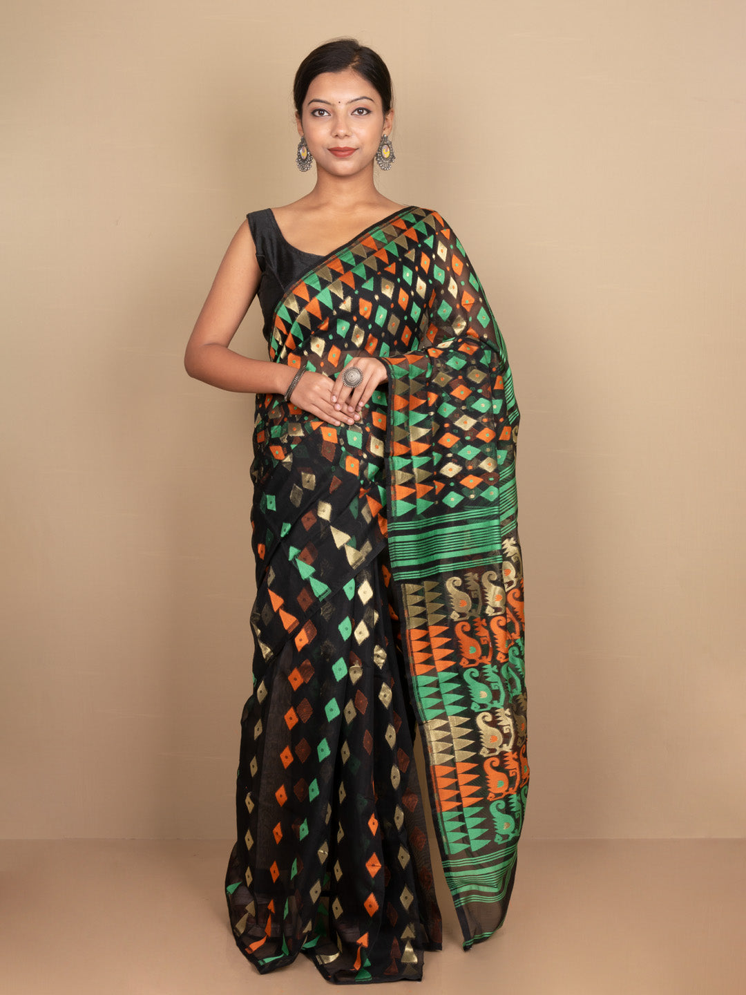 SARIKA Women's Pure Cotton Abstract Design Dhakai Jamdani Saree (Black)