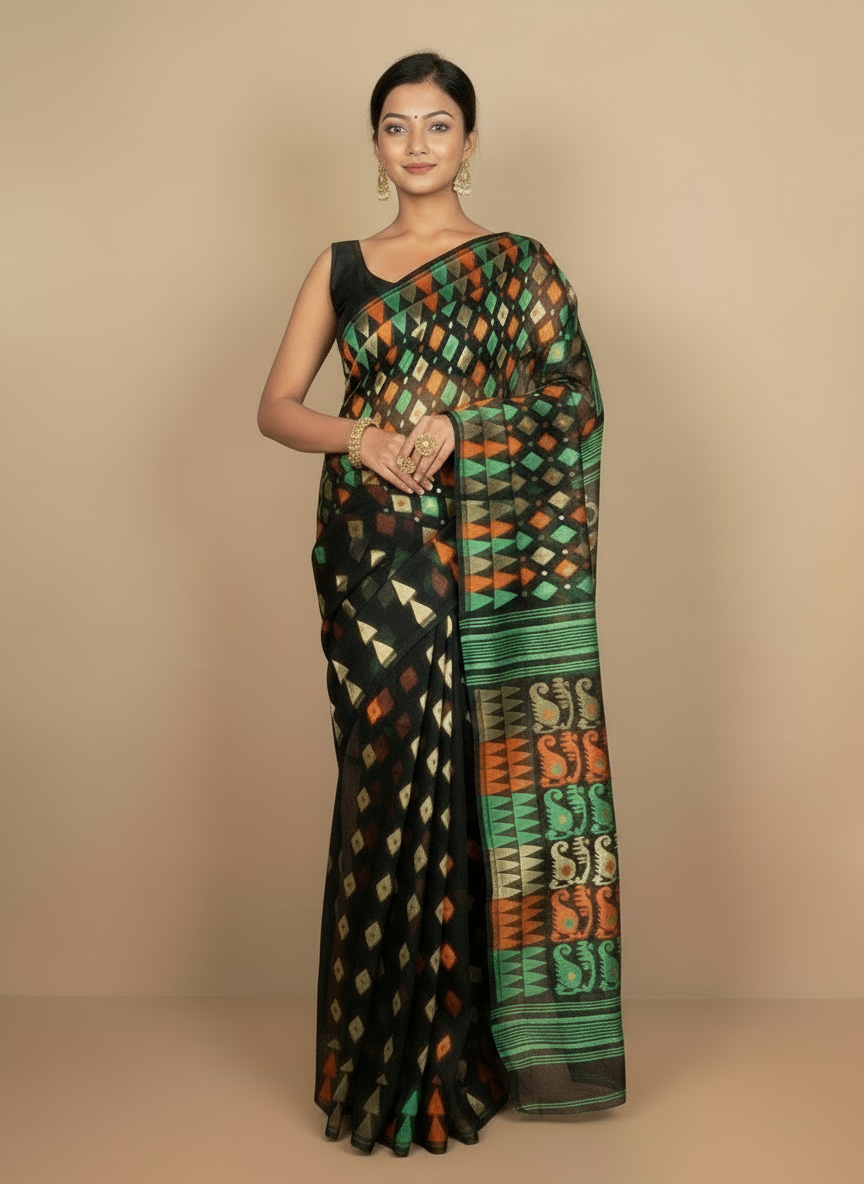SARIKA Women's Pure Cotton Abstract Design Dhakai Jamdani Saree (Black)