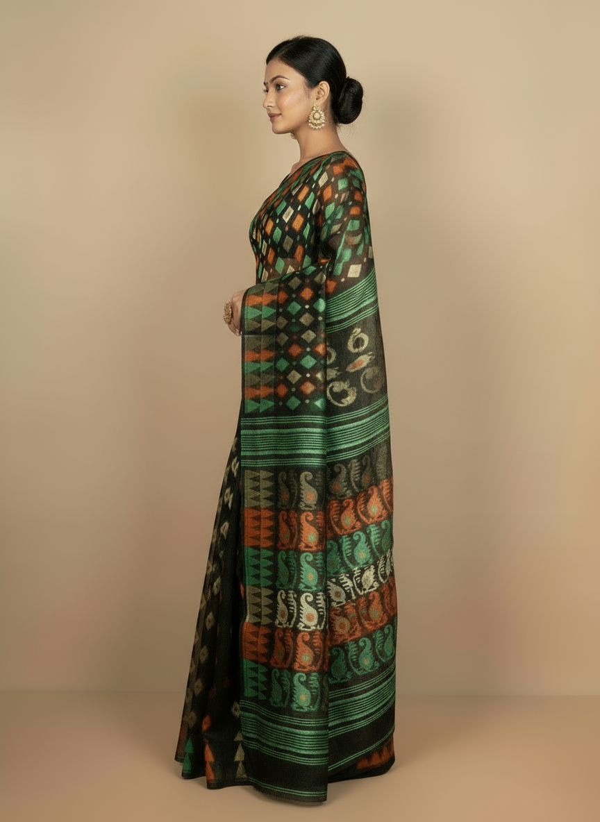 SARIKA Women's Pure Cotton Abstract Design Dhakai Jamdani Saree (Black)