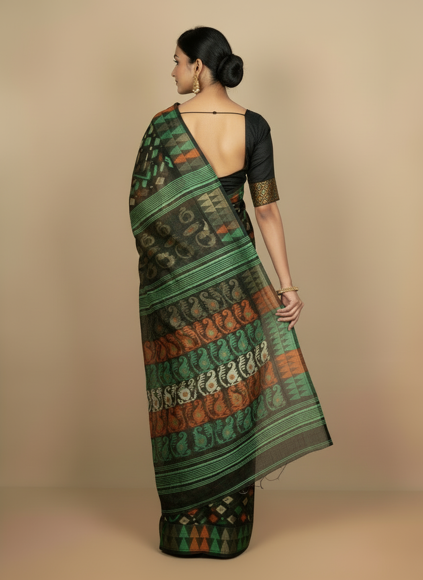 SARIKA Women's Pure Cotton Abstract Design Dhakai Jamdani Saree (Black)