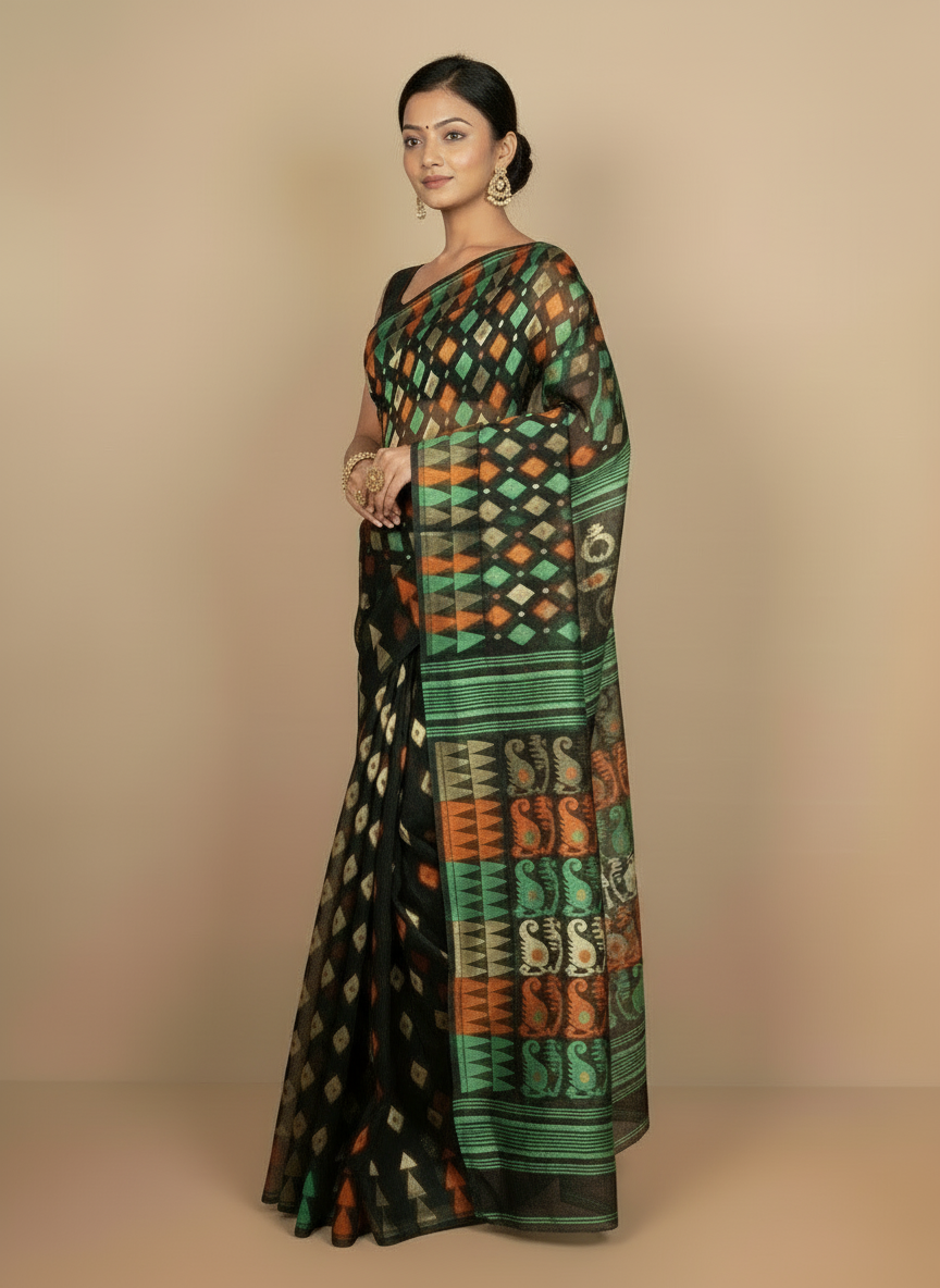 SARIKA Women's Pure Cotton Abstract Design Dhakai Jamdani Saree (Black)