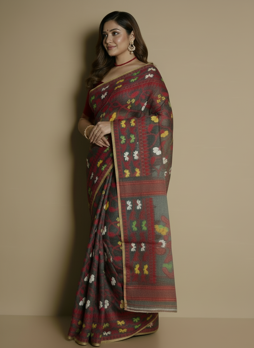 SARIKA Womens Floral Weave Soft Jamdani Saree (Grey)