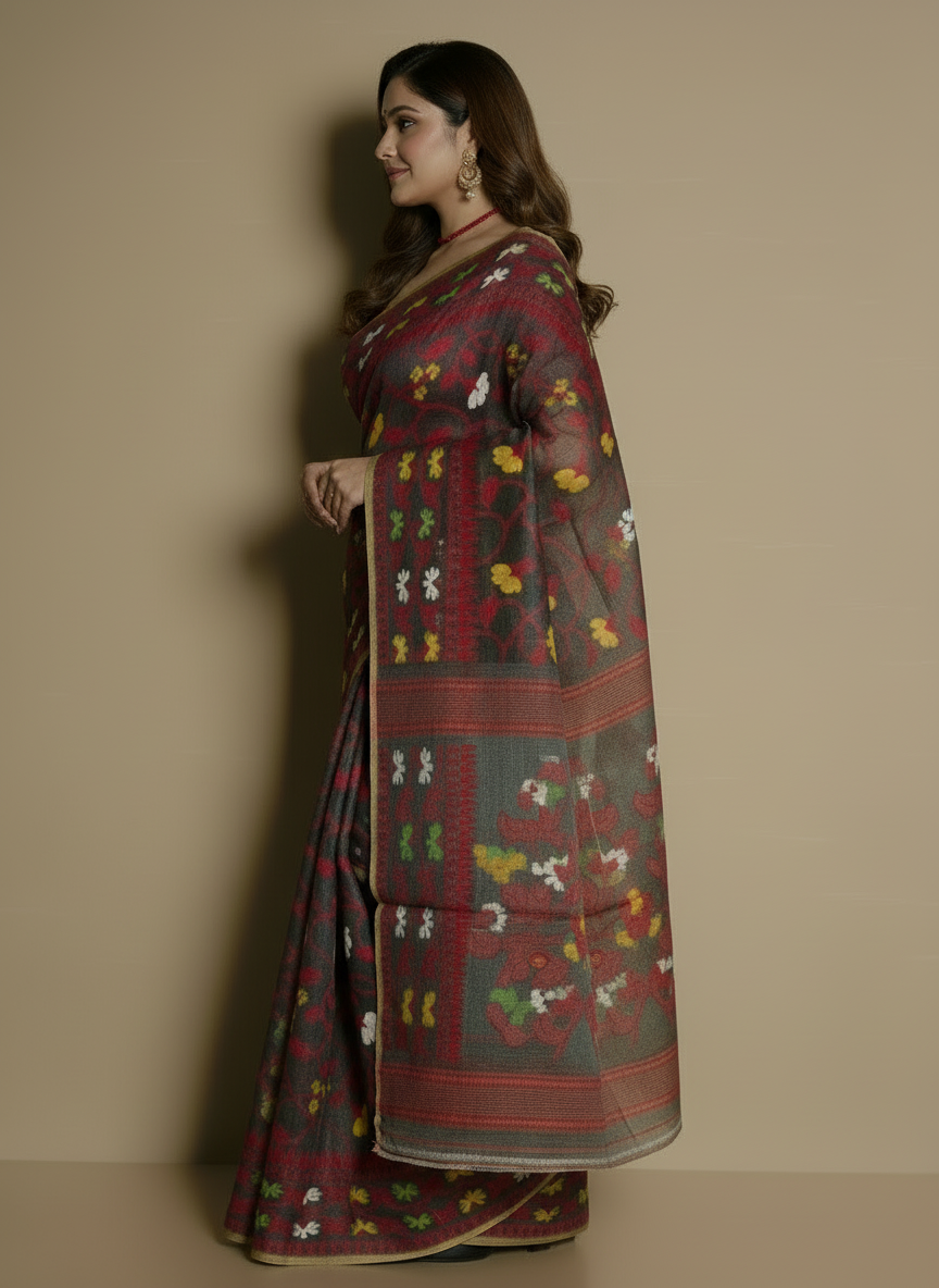SARIKA Womens Floral Weave Soft Jamdani Saree (Grey)