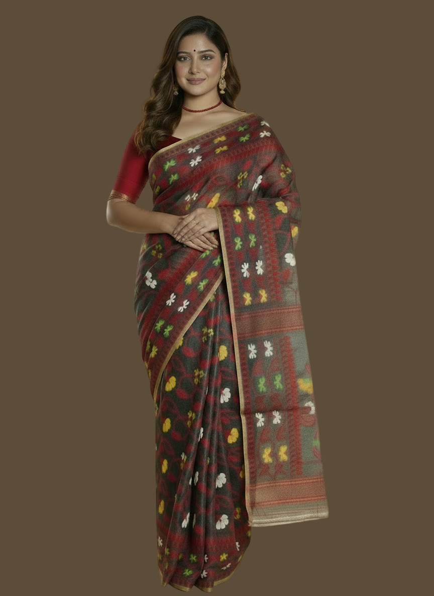 SARIKA Womens Floral Weave Soft Jamdani Saree (Grey)