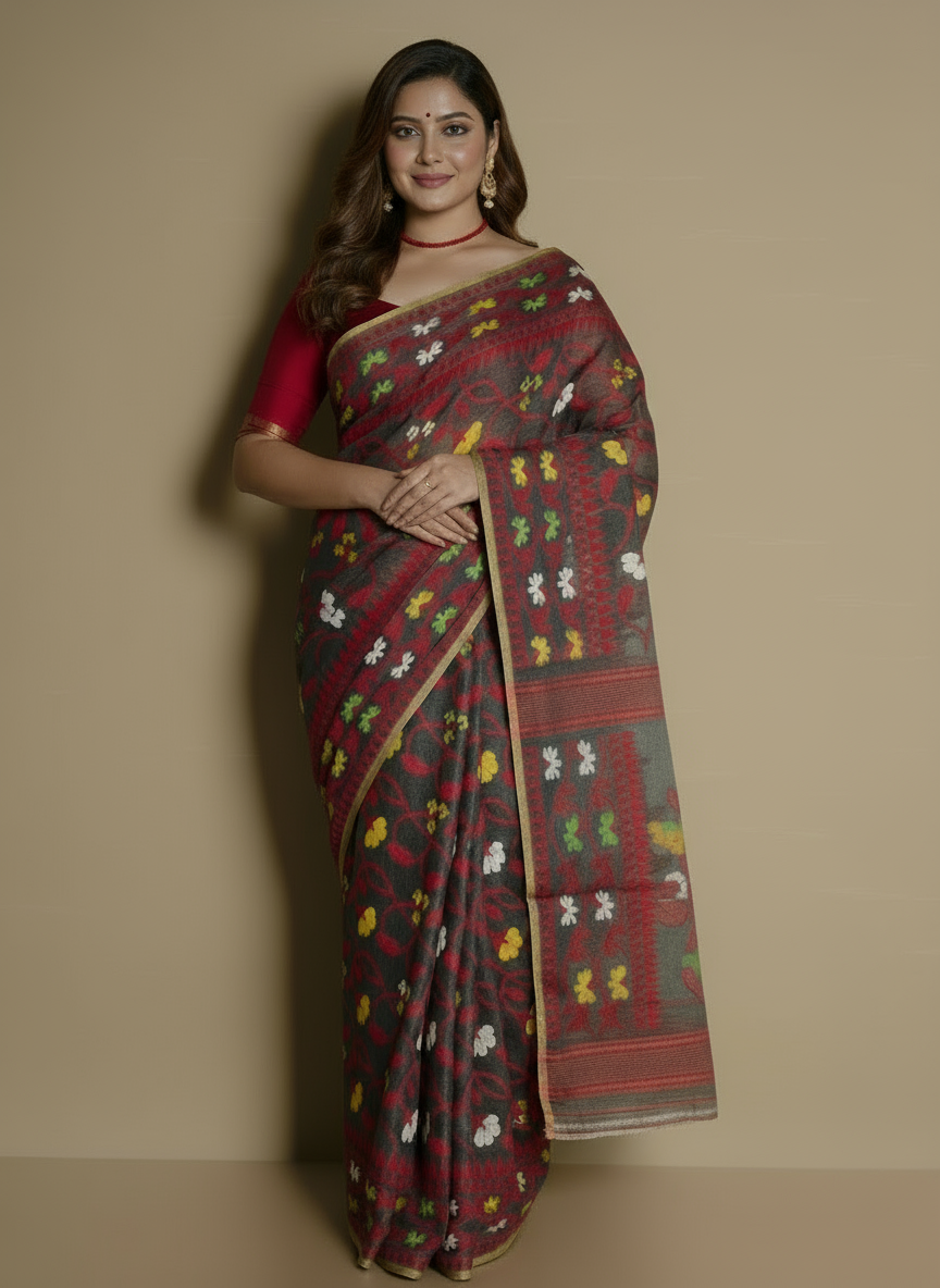 SARIKA Womens Floral Weave Soft Jamdani Saree (Grey)