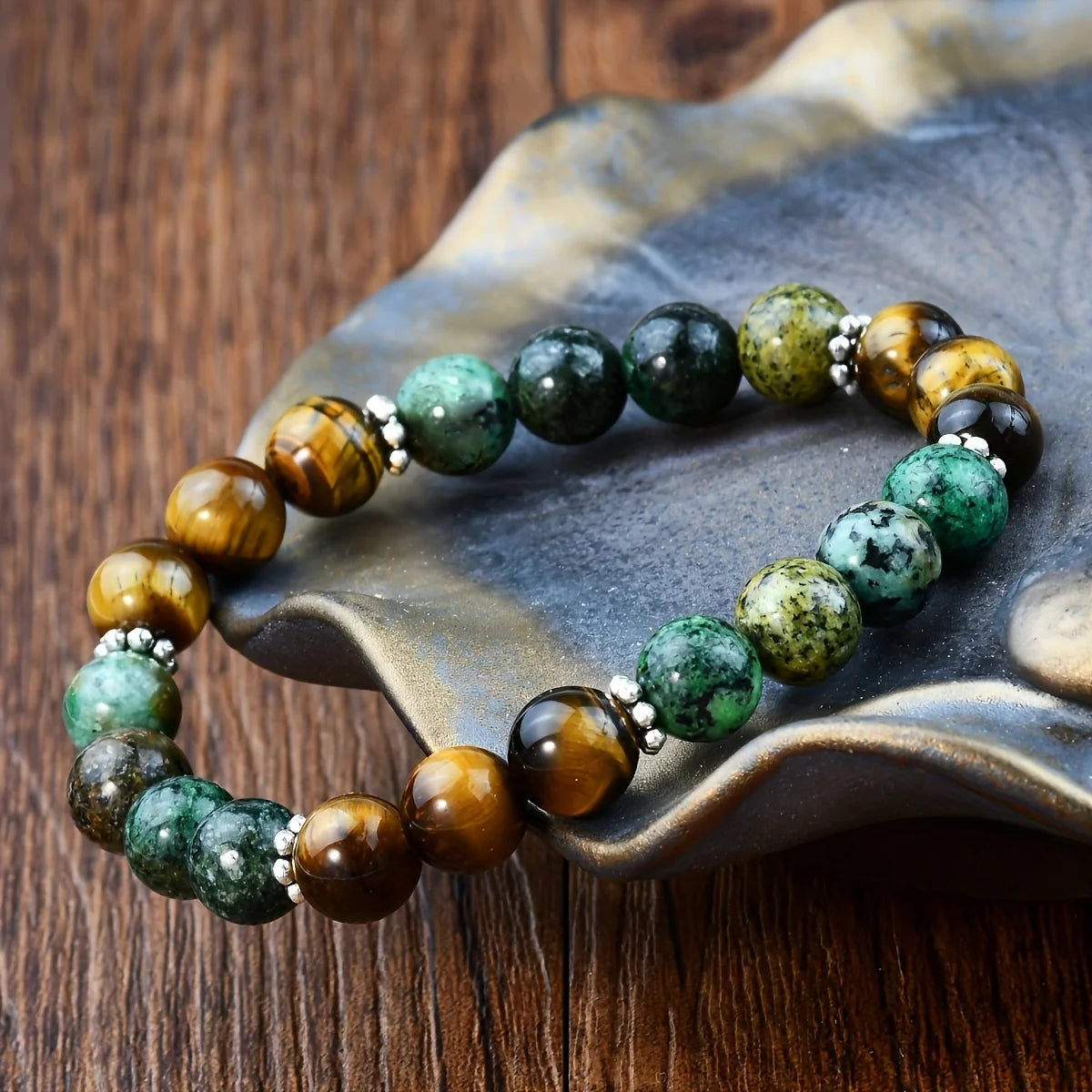 Tiger Eye and African Turquoise Beaded Elastic Bracelet Boost Confidence Balancing Energy Healing Prayer Bracelet