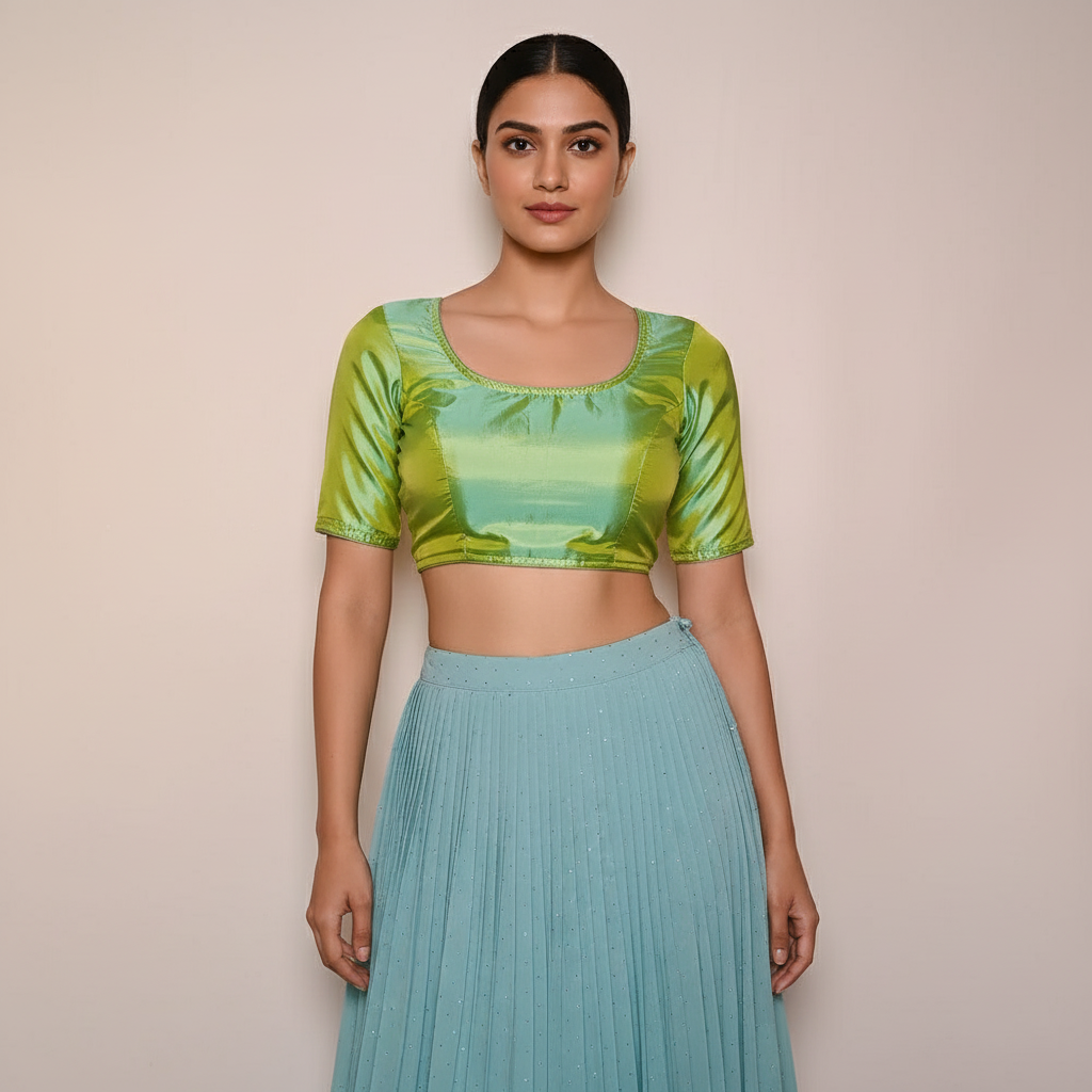 Trendy Green Silk Zero Neck Blouse | Back Open Hook & Knot Pattern