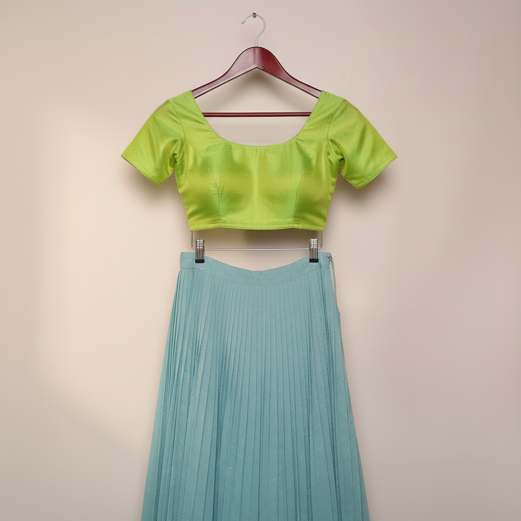 Trendy Green Silk Zero Neck Blouse | Back Open Hook & Knot Pattern