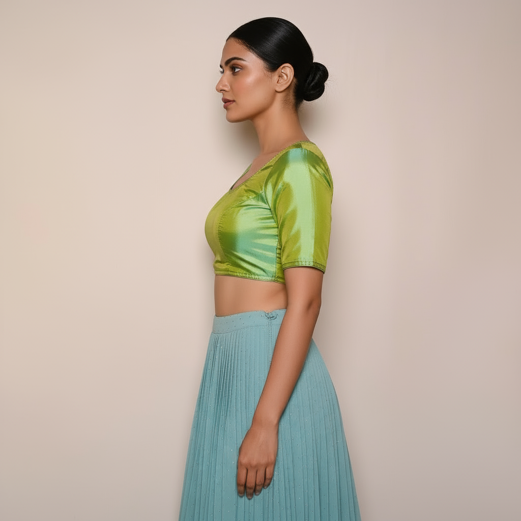 Trendy Green Silk Zero Neck Blouse | Back Open Hook & Knot Pattern