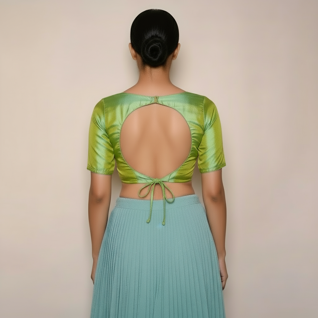 Trendy Green Silk Zero Neck Blouse | Back Open Hook & Knot Pattern