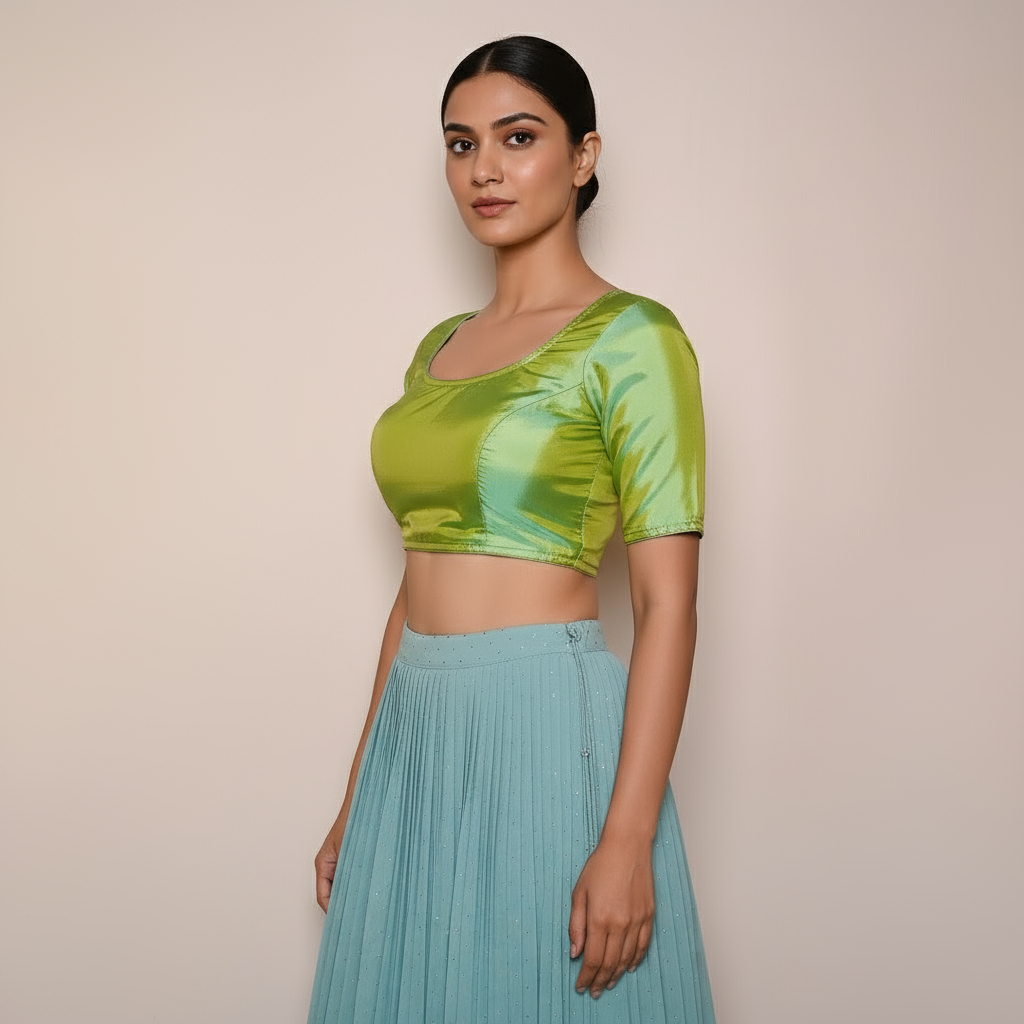 Trendy Green Silk Zero Neck Blouse | Back Open Hook & Knot Pattern