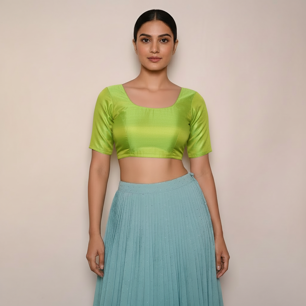 Trendy Green Silk Zero Neck Blouse | Back Open Hook & Knot Pattern