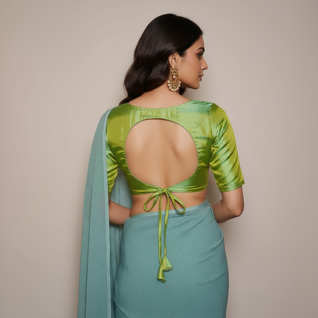 Trendy Green Silk Zero Neck Blouse | Back Open Hook & Knot Pattern