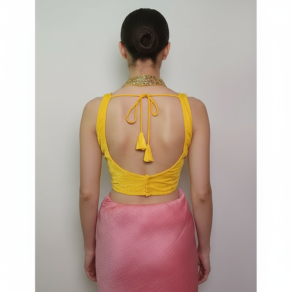 Bold & Bright Yellow Velvet Blouse – Sleeveless Elegance