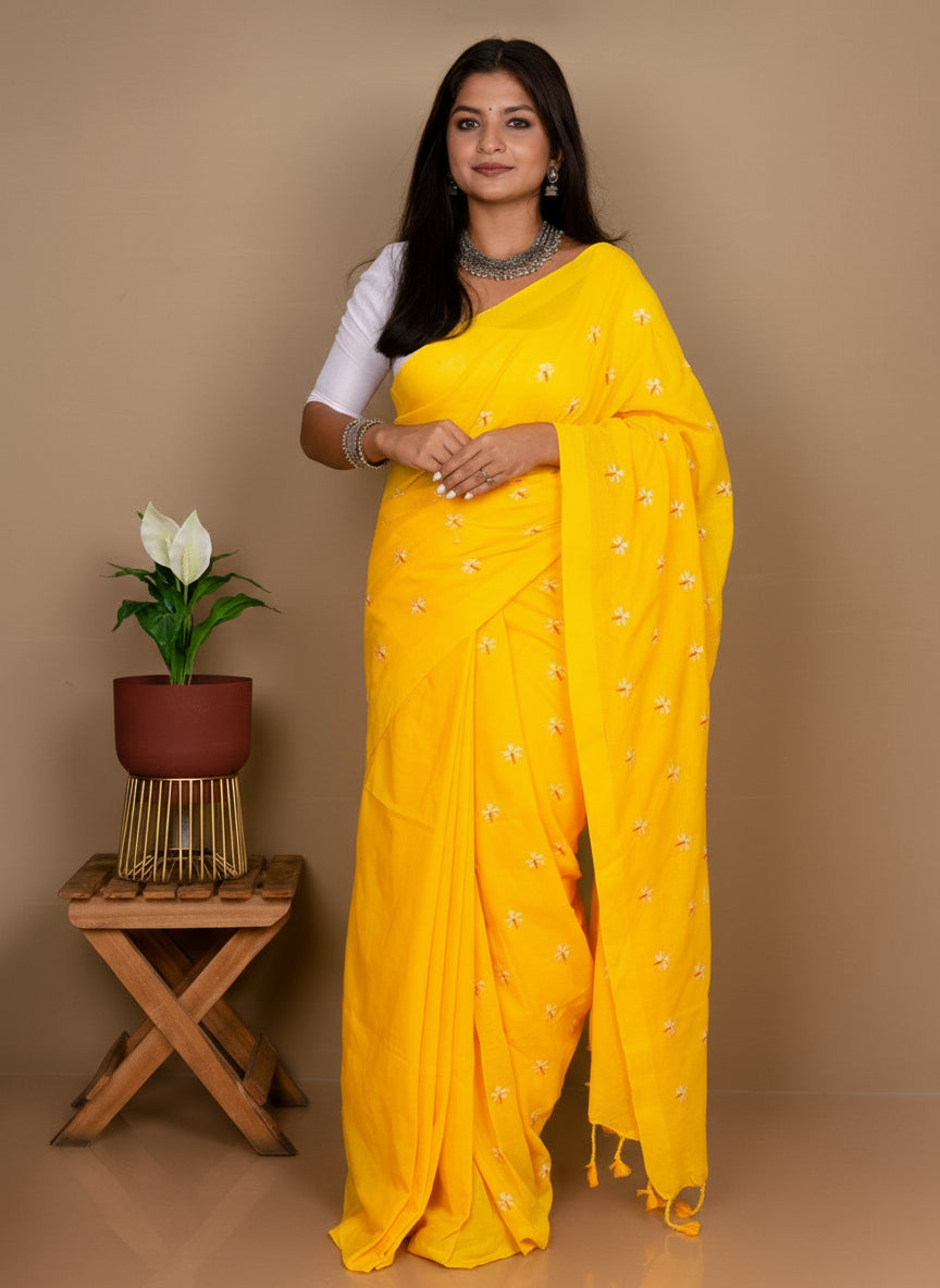 Shuli Woven Yellow Cotton Saree – Floral Design, Lightweight & Comfortable Daily Wear