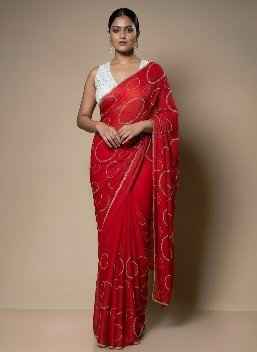 Handcrafted Red Saree with All-Over Cutdana Design