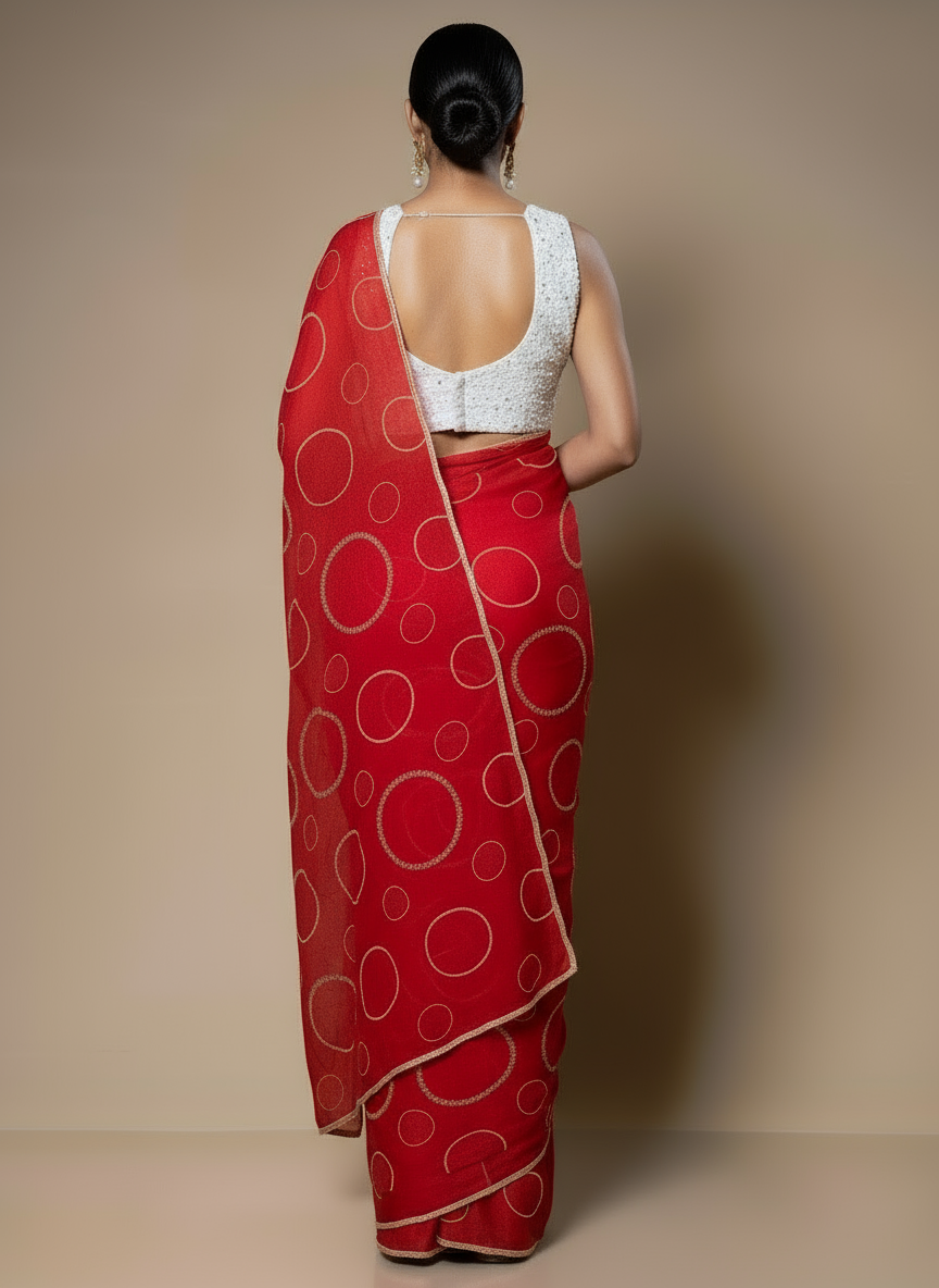 Handcrafted Red Saree with All-Over Cutdana Design