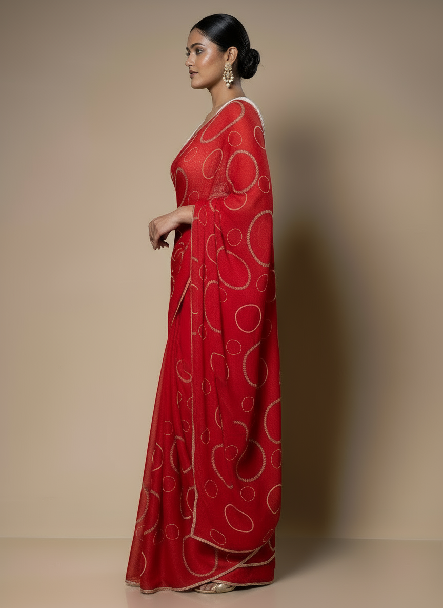 Handcrafted Red Saree with All-Over Cutdana Design