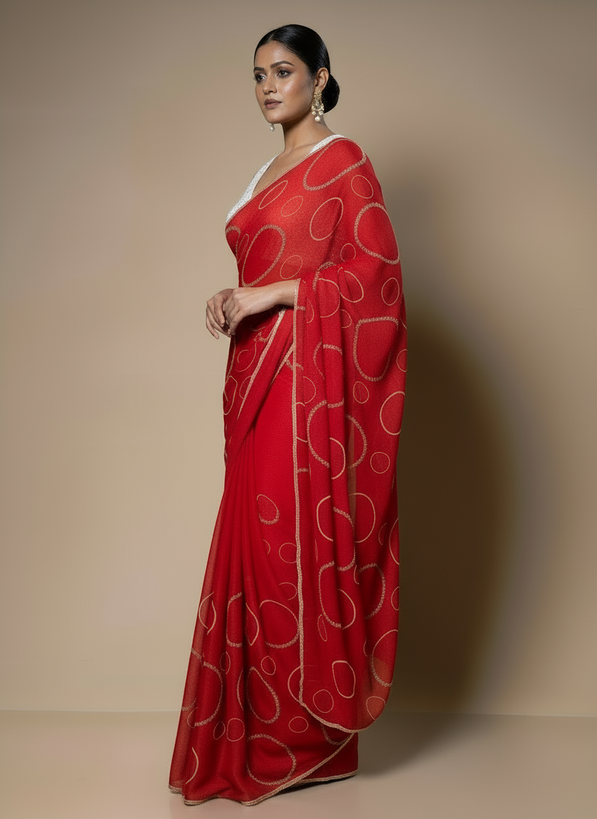 Handcrafted Red Saree with All-Over Cutdana Design