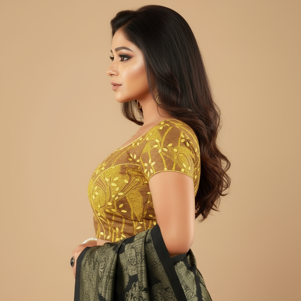 Cotton Blouse with Cut-Out Design | Yellow & Mustard | No Pads, Back Hook Style