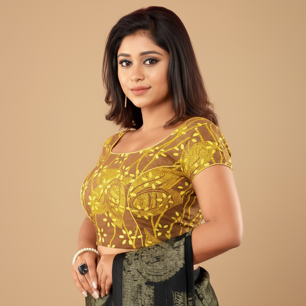 Cotton Blouse with Cut-Out Design | Yellow & Mustard | No Pads, Back Hook Style