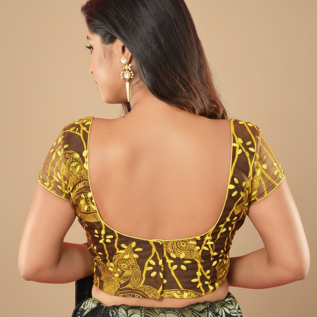 Cotton Blouse with Cut-Out Design | Yellow & Mustard | No Pads, Back Hook Style