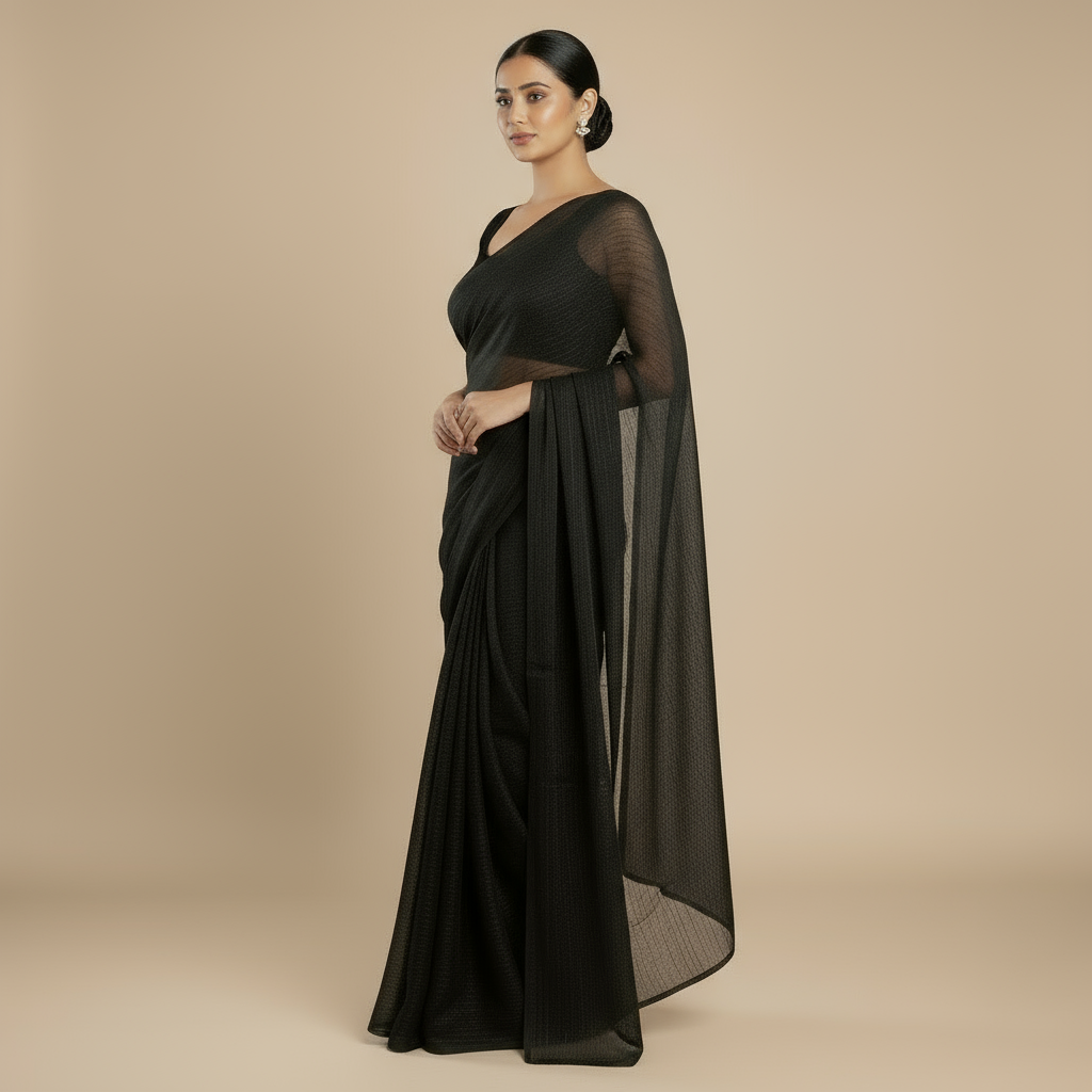SARIKA Women Black Solid Gangubai Chiffon Saree