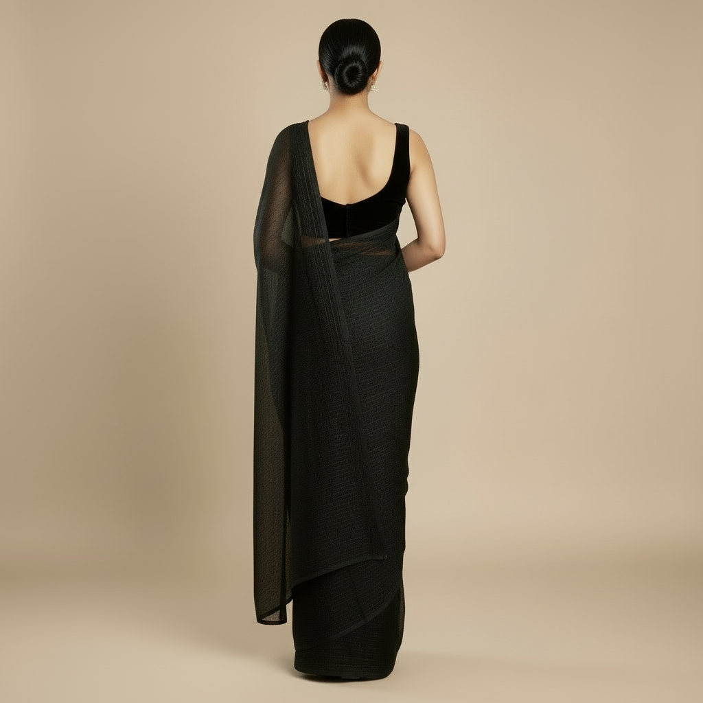 SARIKA Women Black Solid Gangubai Chiffon Saree