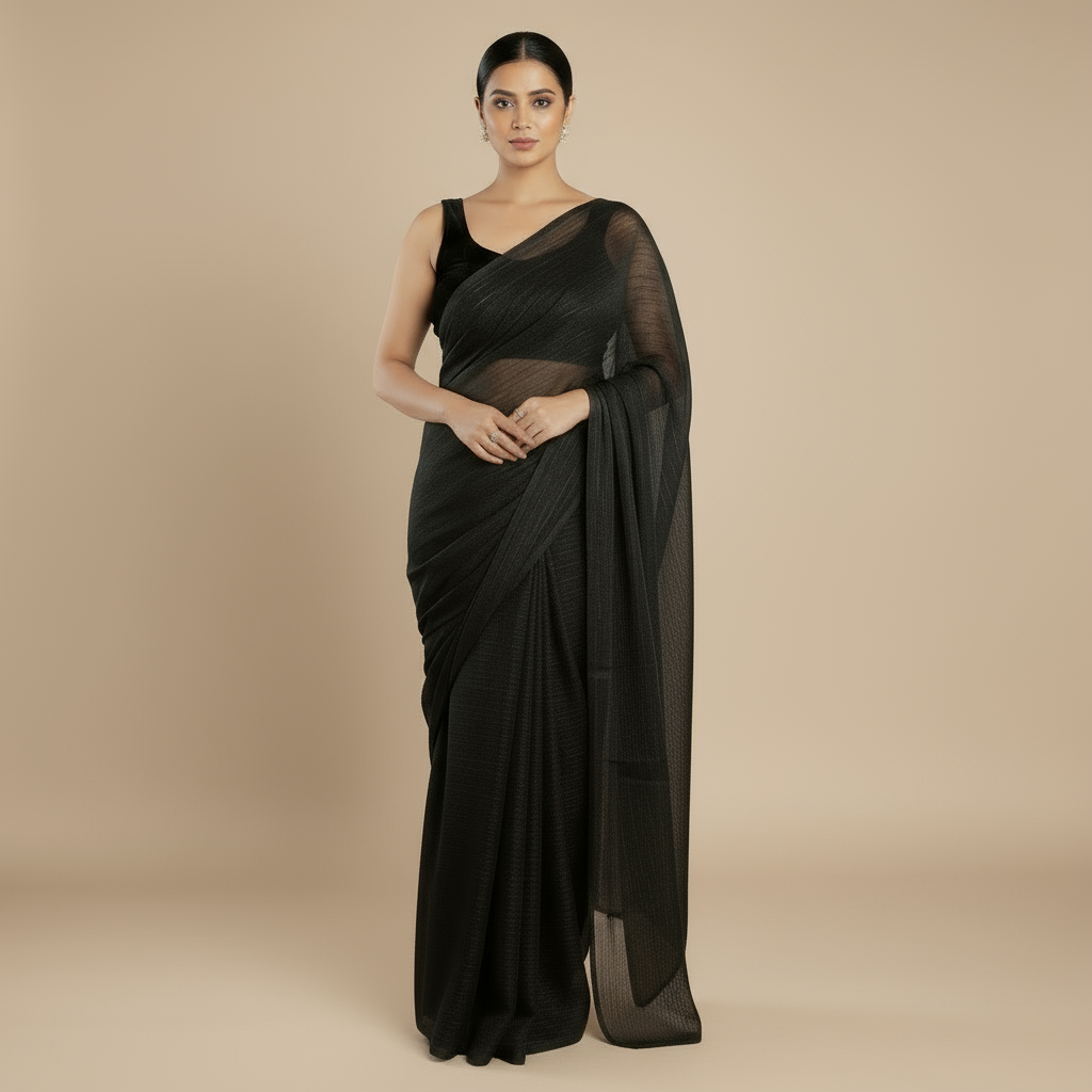 SARIKA Women Black Solid Gangubai Chiffon Saree