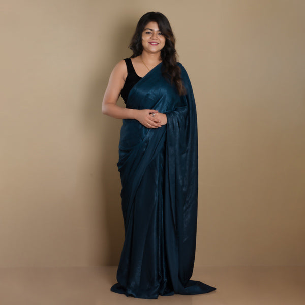 SARIKA Women Teal Blue Solid Velvet Chiffon