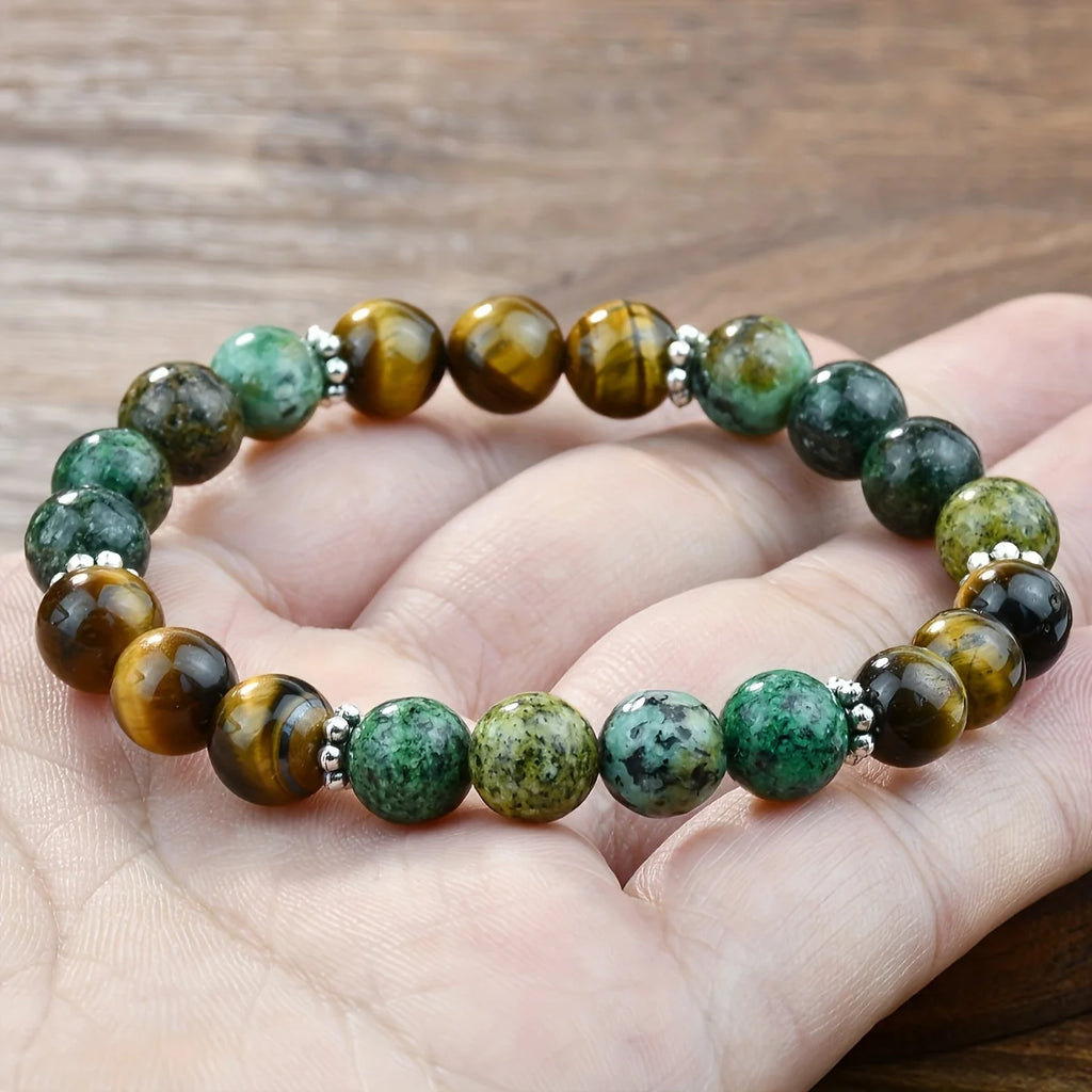 Tiger Eye and African Turquoise Beaded Elastic Bracelet Boost Confidence Balancing Energy Healing Prayer Bracelet