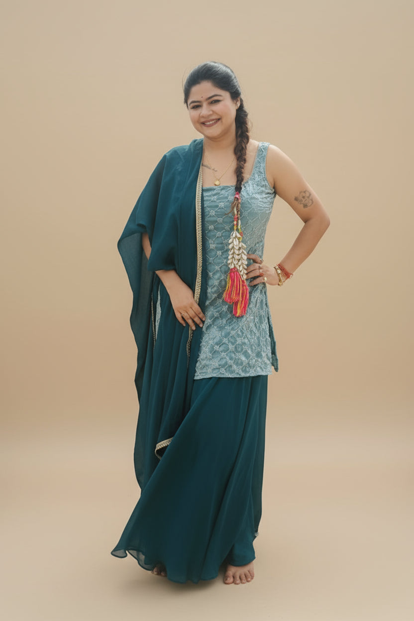 Indo Western Blue Sharara Set – Elegant Solid Design for Modern Grace