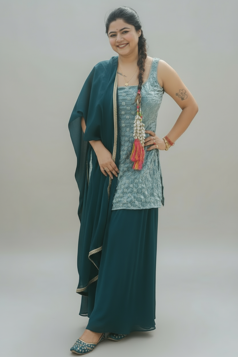 Indo Western Blue Sharara Set – Elegant Solid Design for Modern Grace