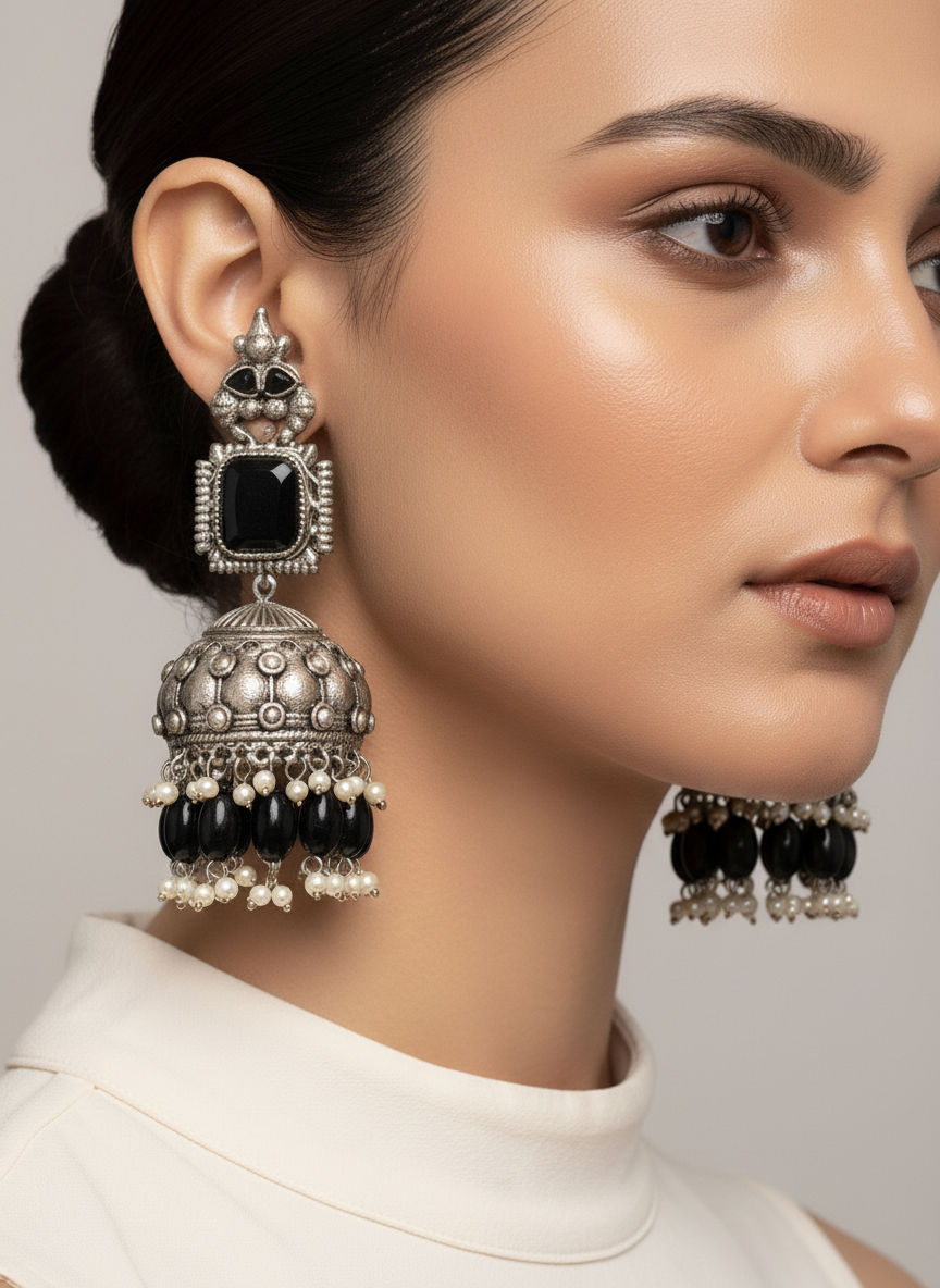 Elegant Black Jhumka with Pearl Detailing