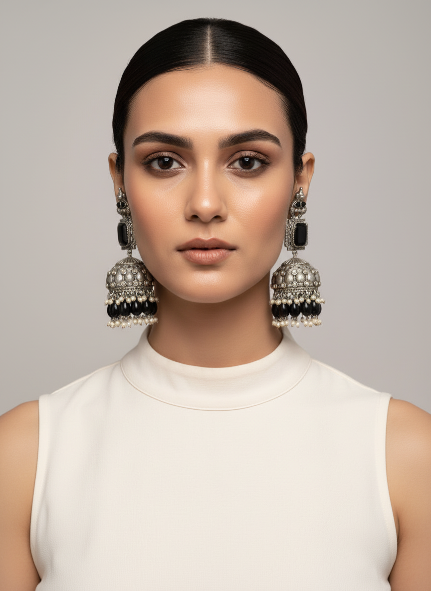 Elegant Black Jhumka with Pearl Detailing