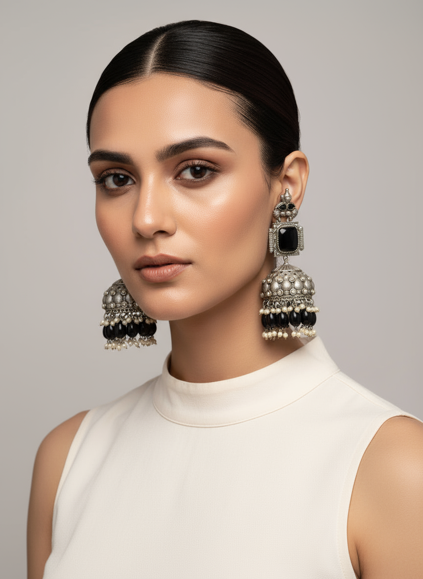 Elegant Black Jhumka with Pearl Detailing