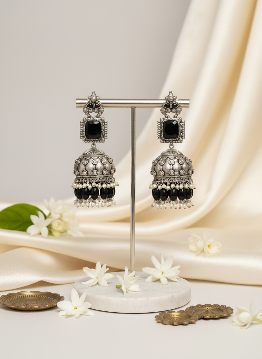 Elegant Black Jhumka with Pearl Detailing