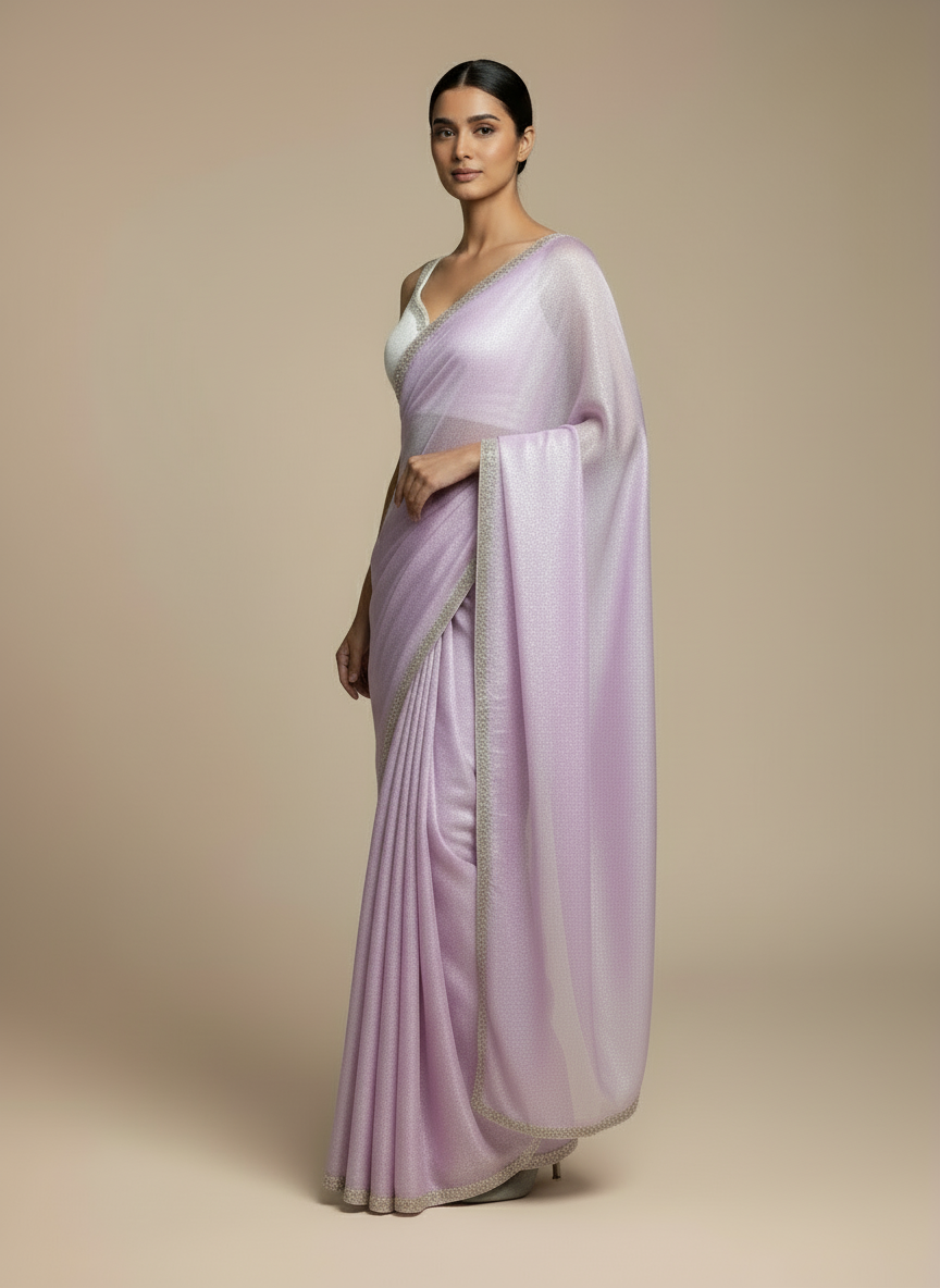Designer Lavender Chiffon Saree with Cutdana and Stone Scallop Border