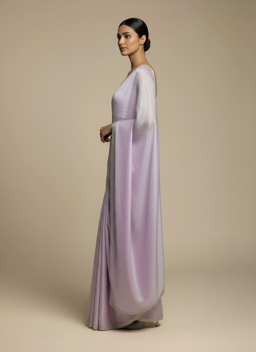 Designer Lavender Chiffon Saree with Cutdana and Stone Scallop Border