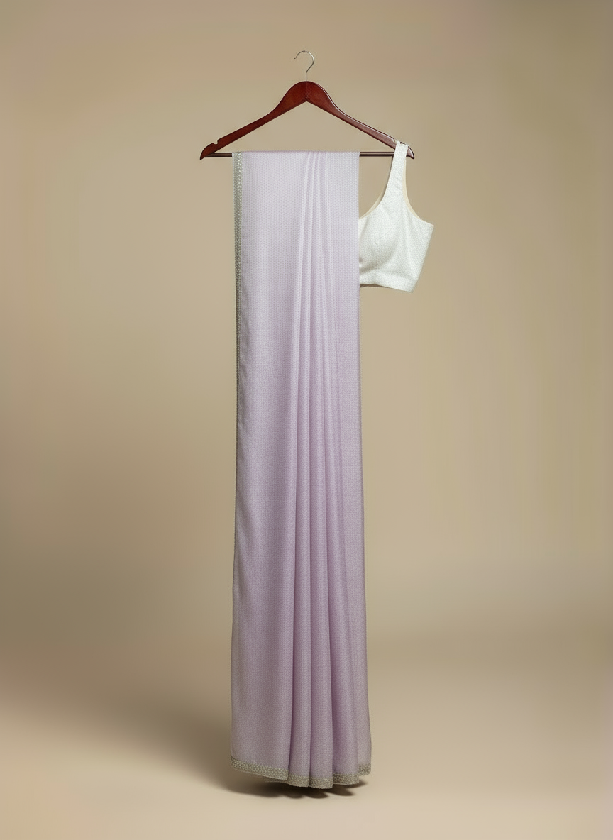 Designer Lavender Chiffon Saree with Cutdana and Stone Scallop Border