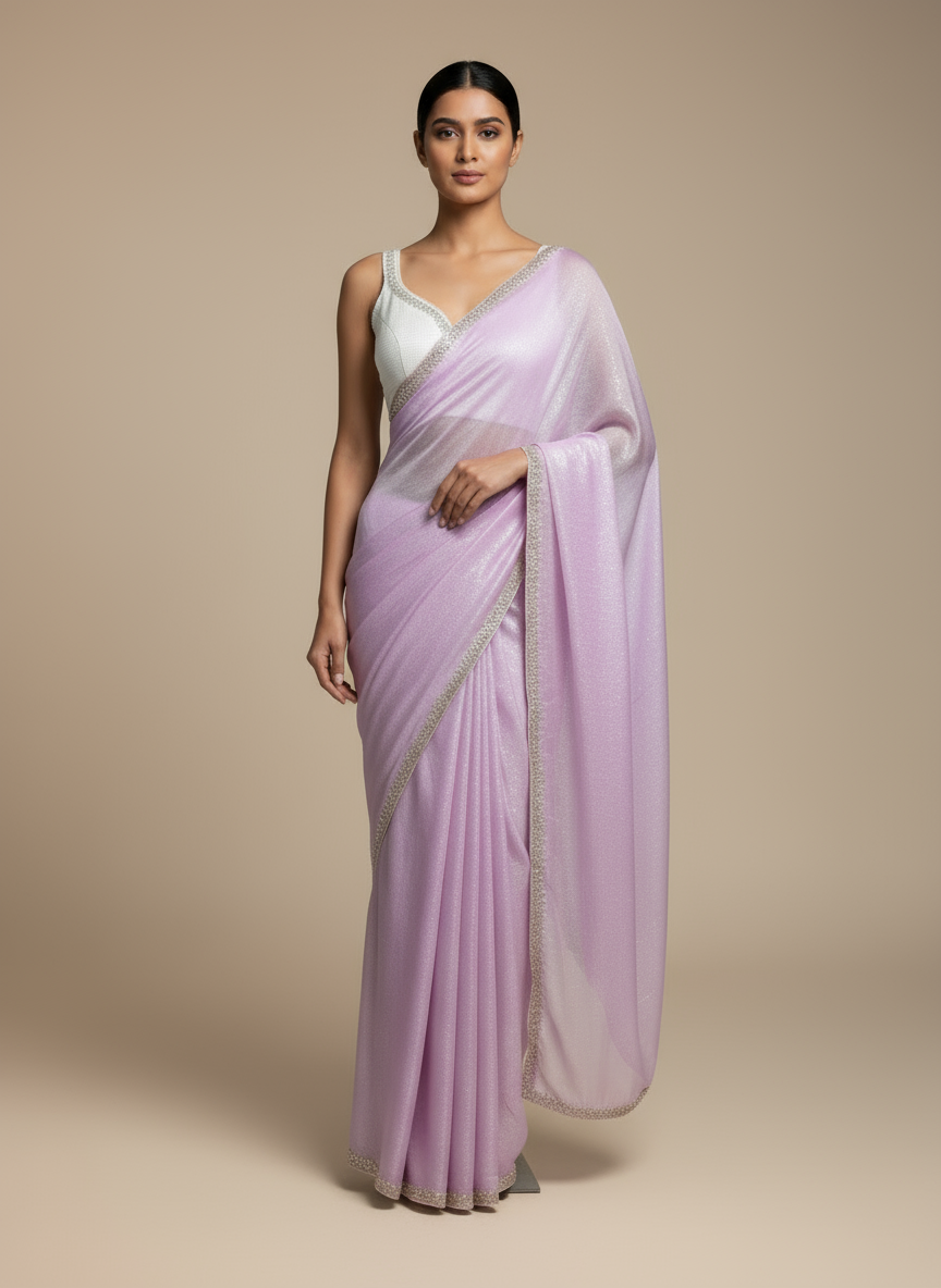 Designer Lavender Chiffon Saree with Cutdana and Stone Scallop Border
