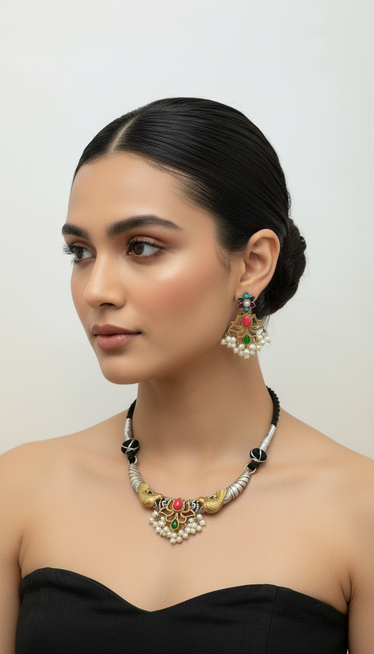 Designer Golden Polish Necklace Set with Earrings