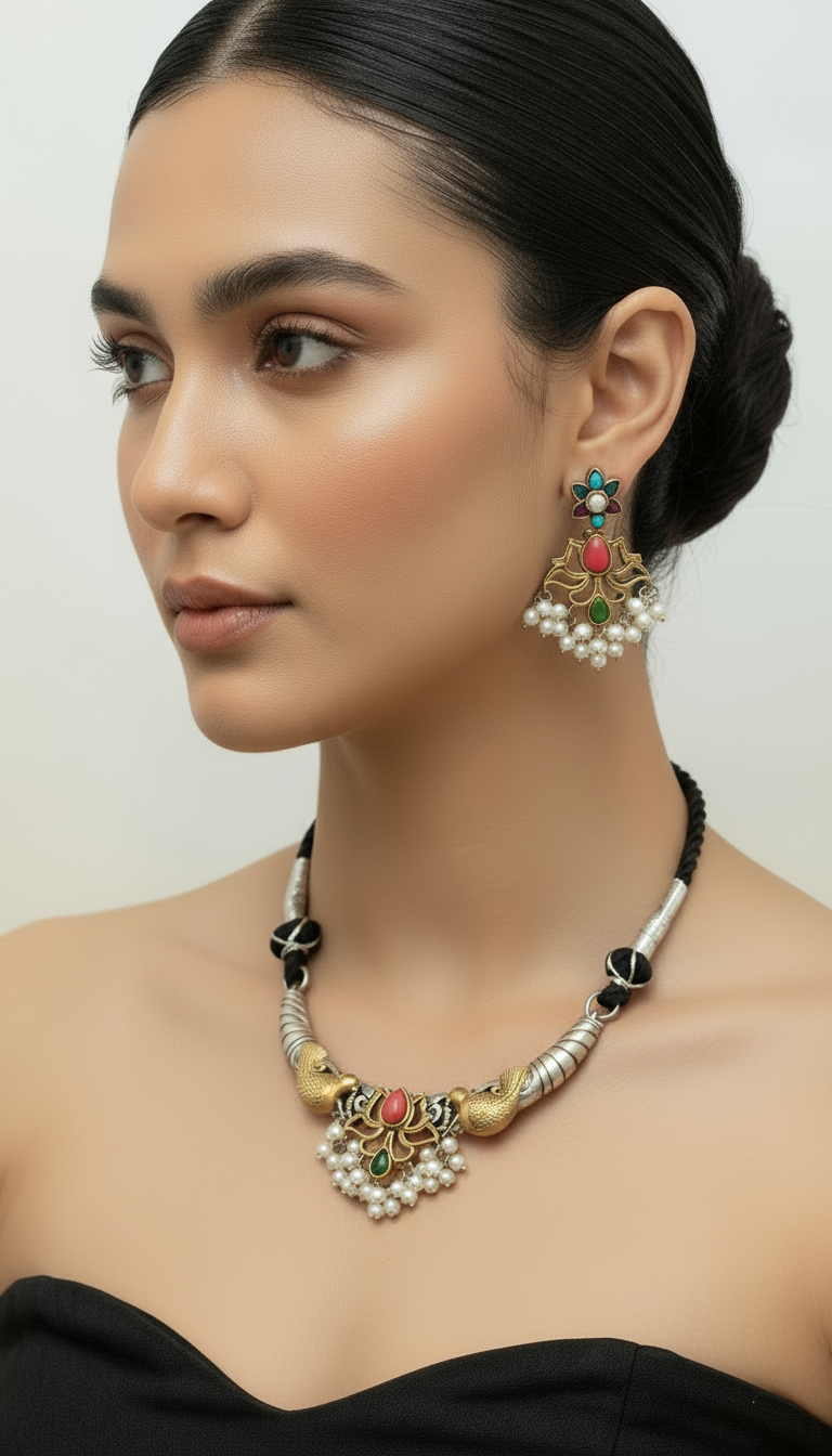 Designer Golden Polish Necklace Set with Earrings