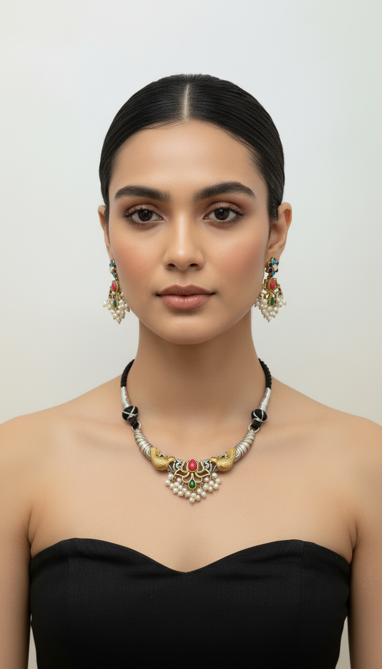 Designer Golden Polish Necklace Set with Earrings